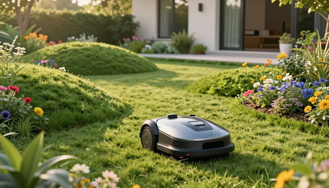Robot cortacesped adaptandose a un jardin con pendientes y caminos