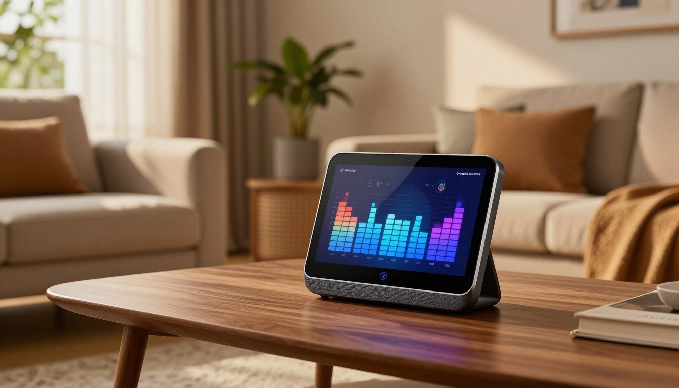 Google Nest Hub reproduciendo musica en un salon