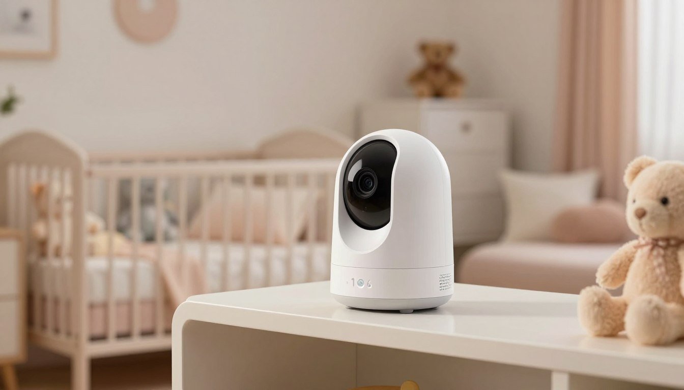 Camara vigilancia bebe colocada en una estanteria sobre la cuna