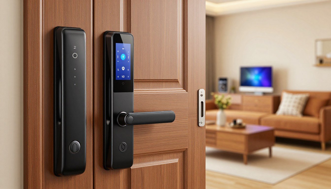 Cerradura inteligente con pantalla táctil y lector de huella en puerta de entrada