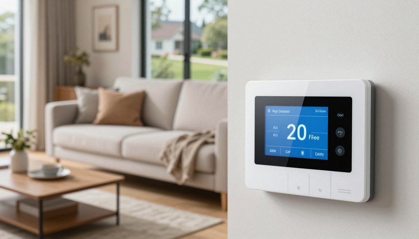 Panel de control de alarma para casa inalámbrica instalado en el salón