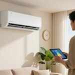 Aire acondicionado wifi split en la pared controlado desde una tablet con el consumo energetico