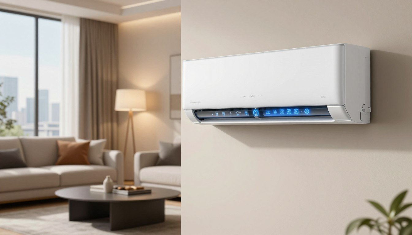 Split de aire acondicionado wifi con panel de iconos iluminados en un salon