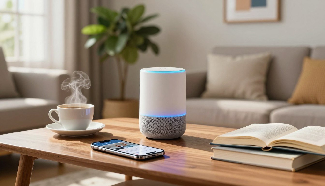 Alexa dando las noticias del día junto a un café y el móvil