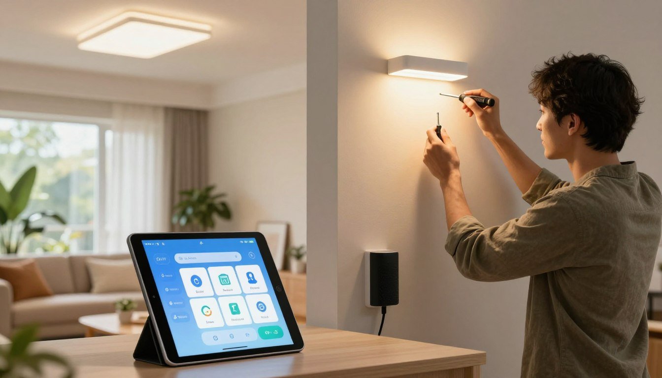 Persona instalando una luz de pared inteligente junto a una tablet con la app para automatizar las luces de casa