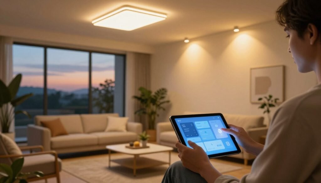 Salon con iluminacion inteligente controlada desde una tablet al atardecer
