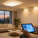 Salon con iluminacion inteligente controlada desde una tablet al atardecer