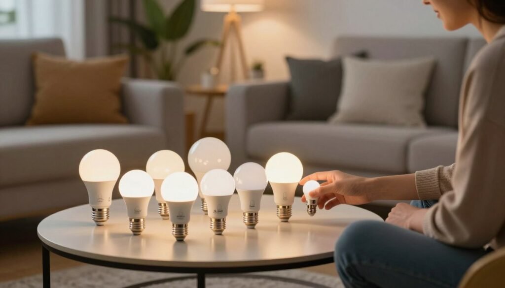 Varias bombillas inteligentes encendidas sobre una mesa mientras una persona elige una