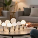 Varias bombillas inteligentes encendidas sobre una mesa mientras una persona elige una