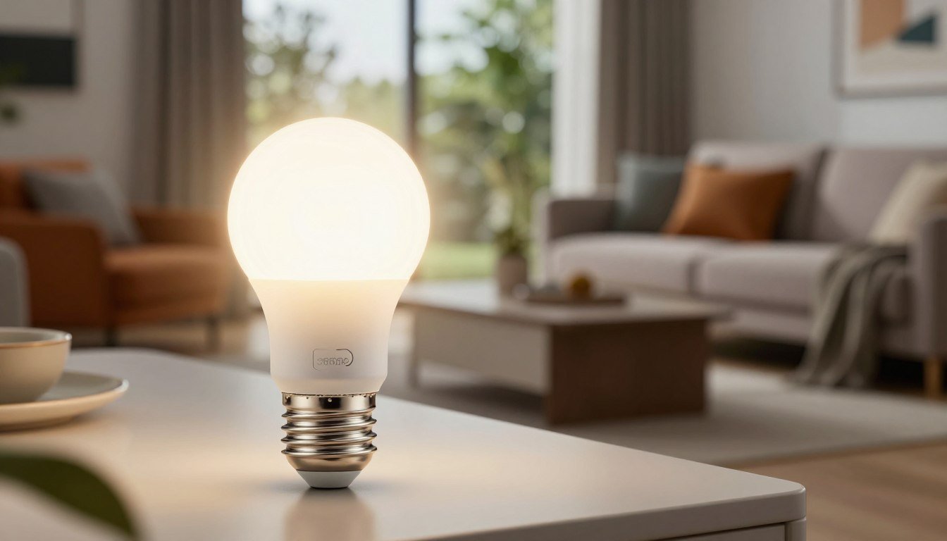 Bombilla inteligente LED encendida con luz calida en el salon de una casa