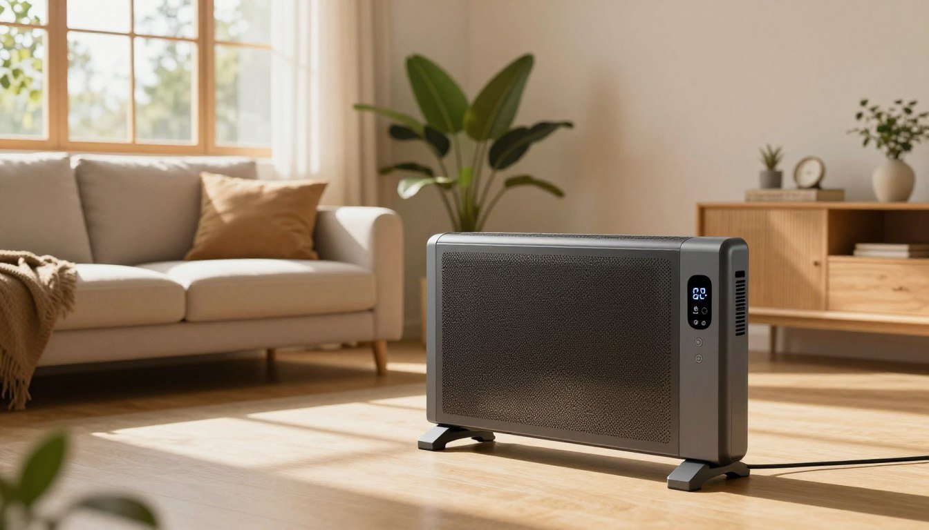 Calefactor ceramico de bajo consumo con ruedas junto al sofa de un salon