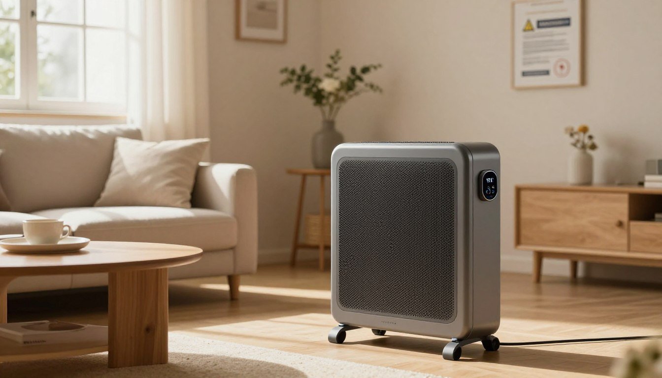 Calefactor electrico de bajo consumo con termostato digital en un salon calido