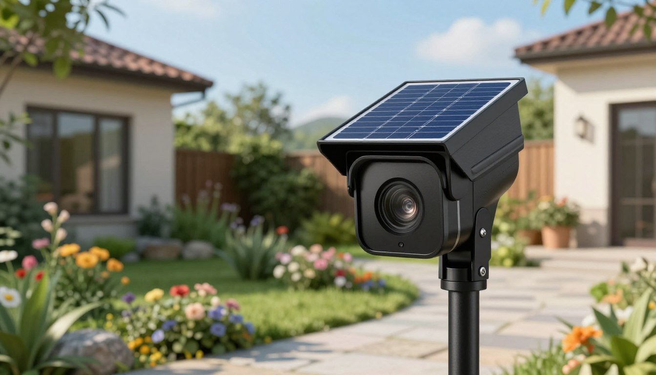 Camara de vigilancia solar tipo bullet con panel solar vigilando el exterior de una casa
