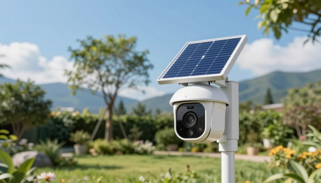 Camara de vigilancia solar blanca con panel fotovoltaico instalada en un jardin