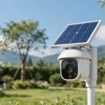 Camara de vigilancia solar blanca con panel fotovoltaico instalada en un jardin