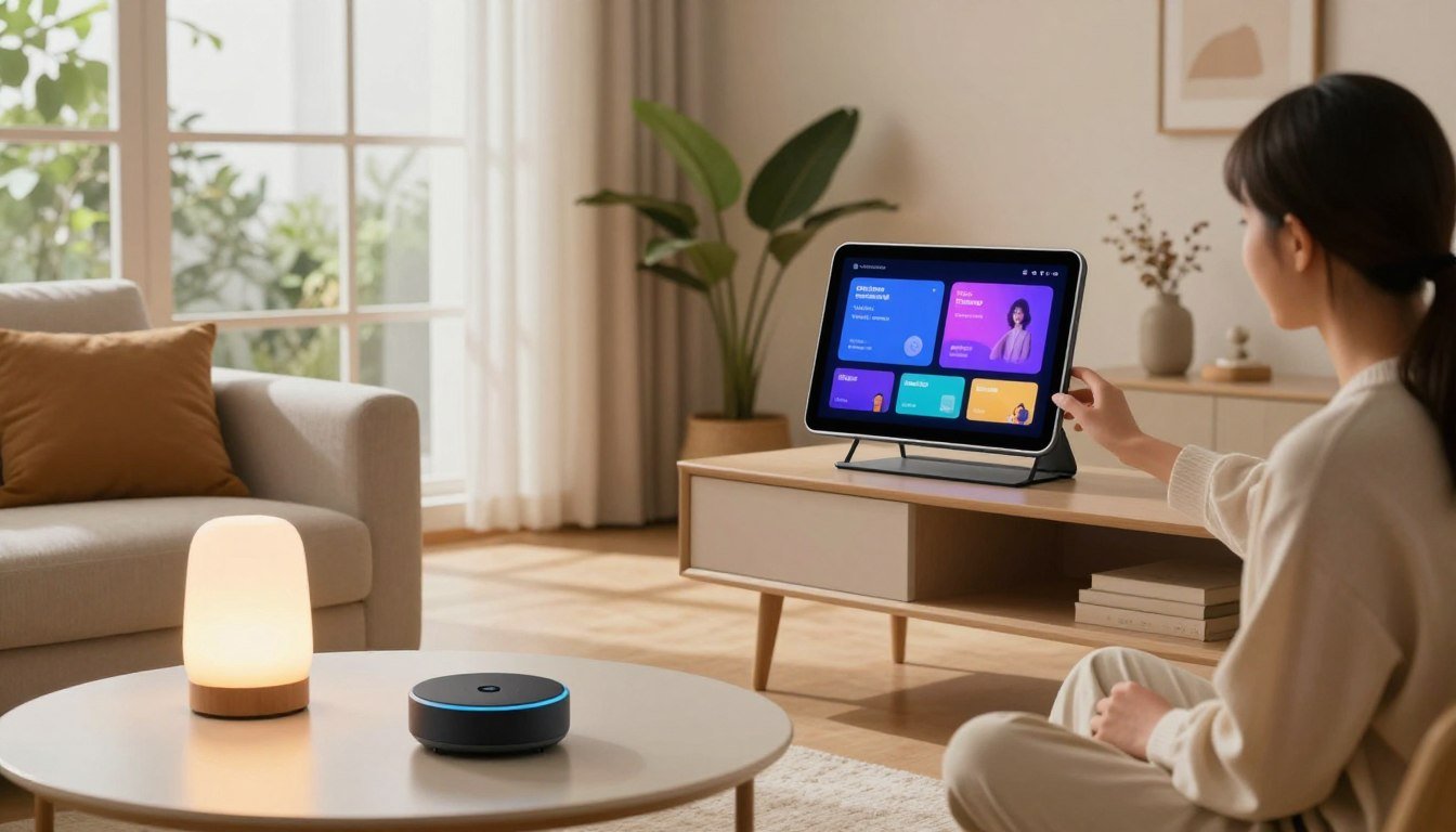 Dispositivos Echo integrados en el salón de un hogar inteligente