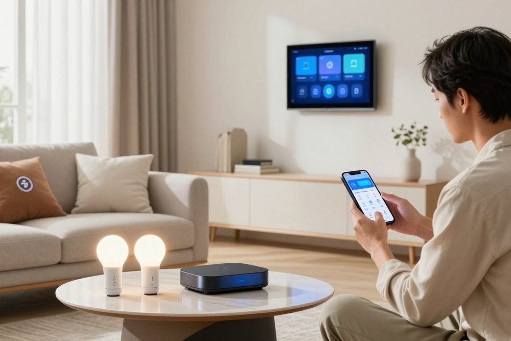 Persona controlando dispositivos domoticos de un alquiler desde una app movil