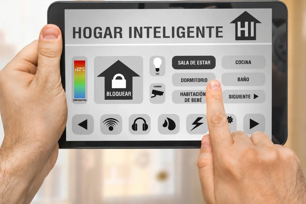 Tablet con panel de hogar inteligente para controlar habitaciones, luz y temperatura