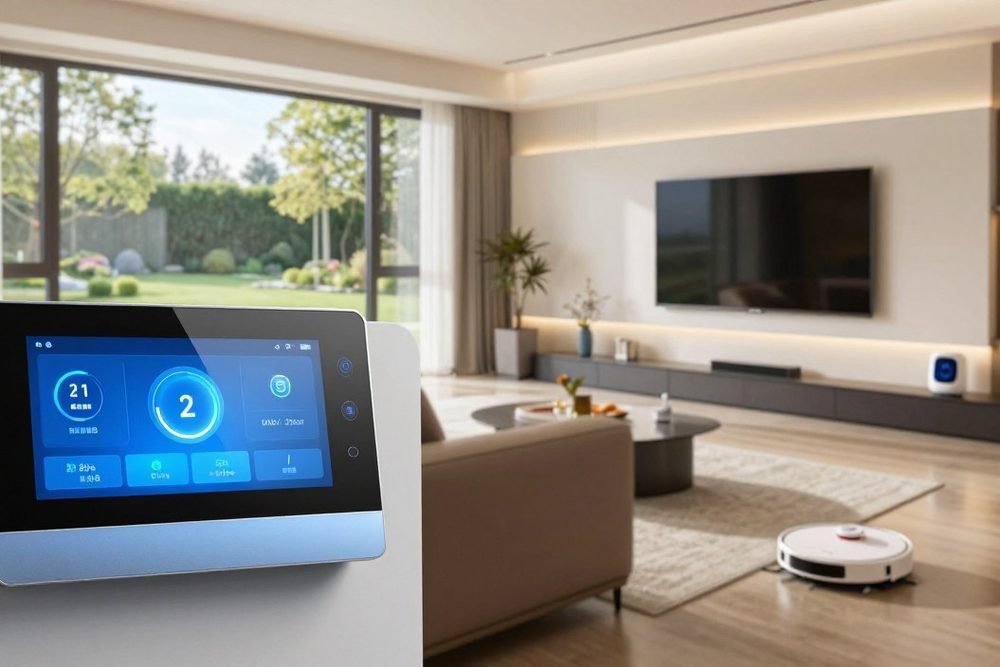 Panel de control tactil que muestra consumo, iluminacion y seguridad del hogar
