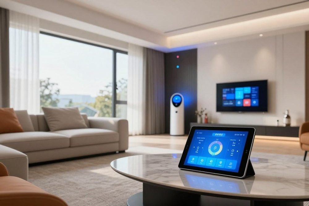 Salon con sistemas domoticos integrados y tablet de control del hogar inteligente