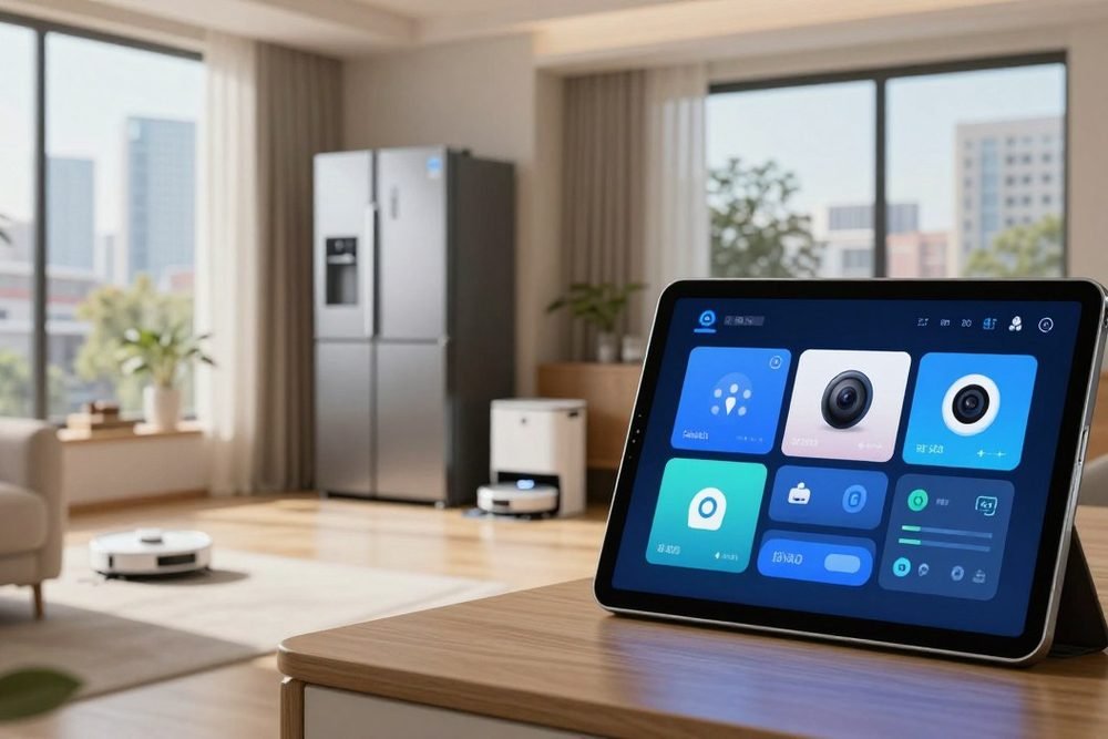 Tablet con control de domotica en un salon moderno que revaloriza la vivienda