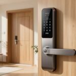 Cerradura inteligente con teclado numerico instalada en puerta de madera