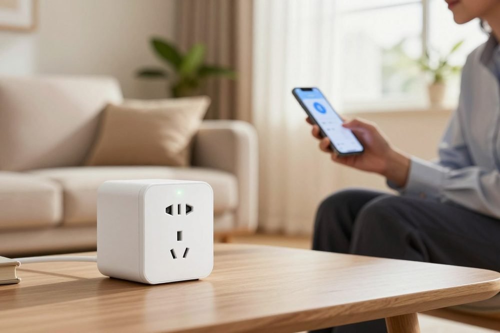 Persona instalando y controlando un enchufe inteligente desde una app movil