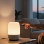 Persona controlando por voz un altavoz con Google Home para encender las luces al atardecer