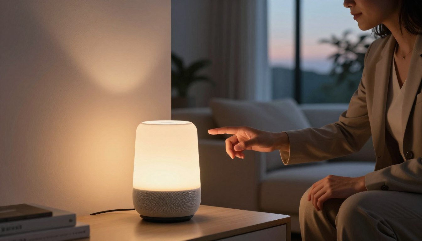 Persona controlando por voz un altavoz con Google Home para encender las luces al atardecer