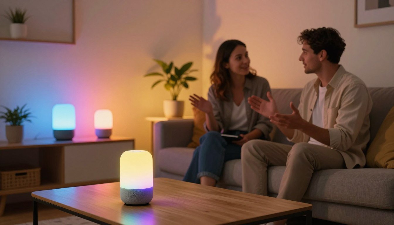 Pareja en el salon controlando por voz las luces inteligentes de colores con Google Home