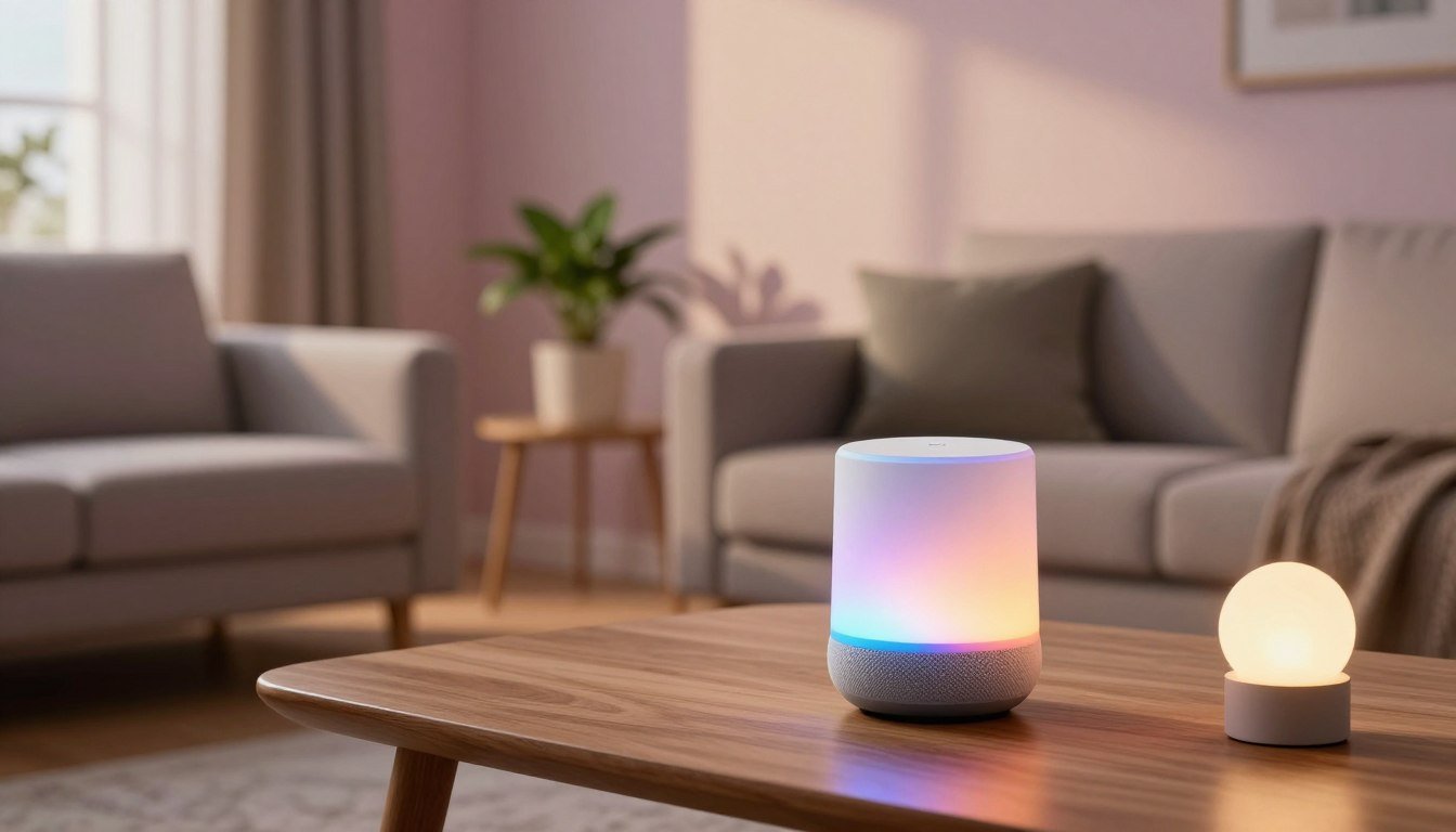 Altavoz de Google Home con luz de colores sobre una mesa en un salon acogedor