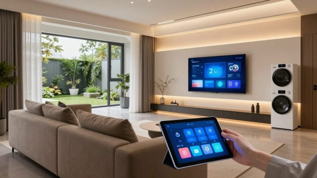 Cuanto cuesta domotizar una casa en 2026: salon con panel de control inteligente