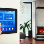 Panel domotico en la pared controlando un salon moderno como hogar inteligente