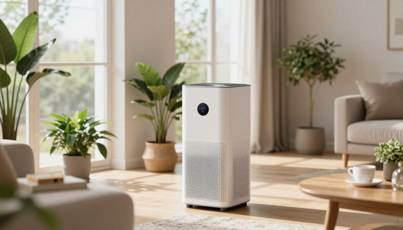 Purificador de aire para casa colocado junto al sofa y plantas de interior