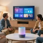Qué puede hacer Alexa: familia usando un altavoz Amazon Echo en el salón