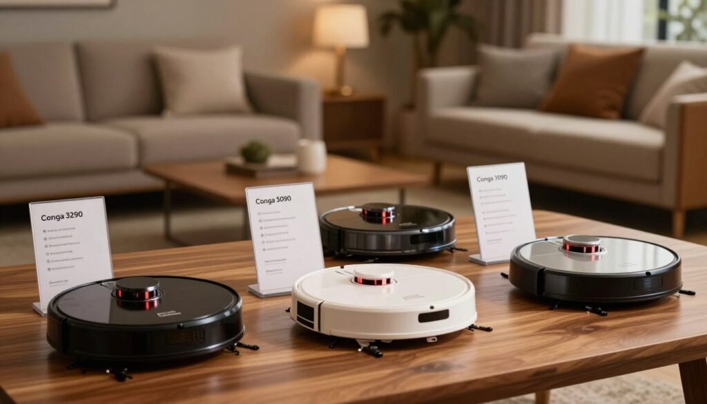 Comparativa de varios robots aspiradores Cecotec Conga sobre una mesa