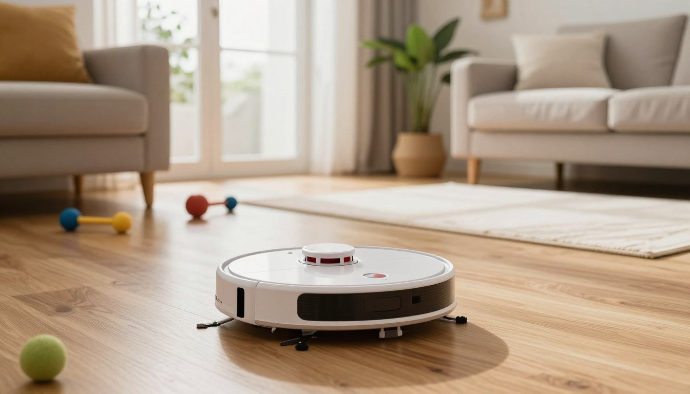 Robot aspirador Cecotec con navegacion laser limpiando un salon con juguetes de mascota