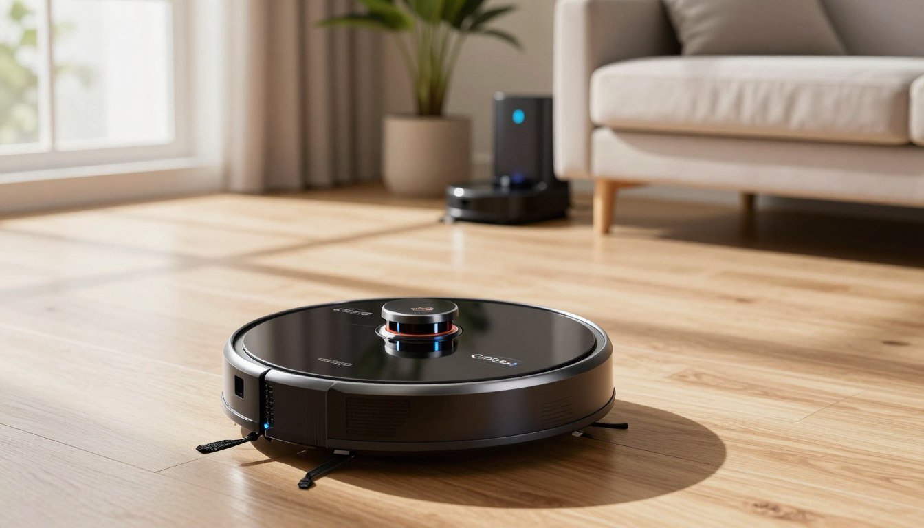 Robot aspirador Conga negro junto a su base de autovaciado en un salon