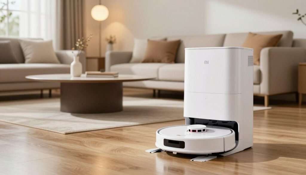 Robot aspirador Xiaomi blanco junto a su base de autovaciado en un salon