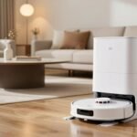 Robot aspirador Xiaomi blanco junto a su base de autovaciado en un salon