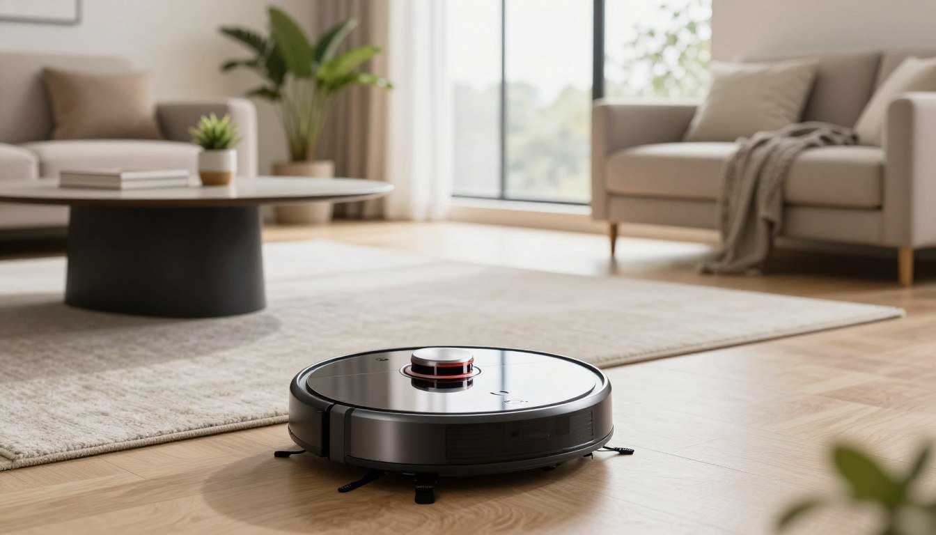 Robot aspirador Xiaomi negro con navegacion laser limpiando un salon