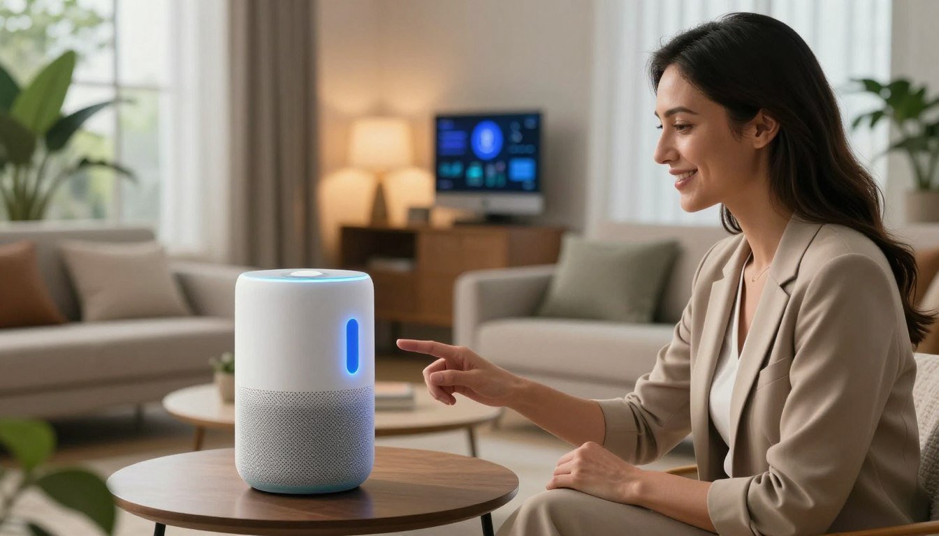 Mujer usando rutinas de Alexa con un altavoz inteligente