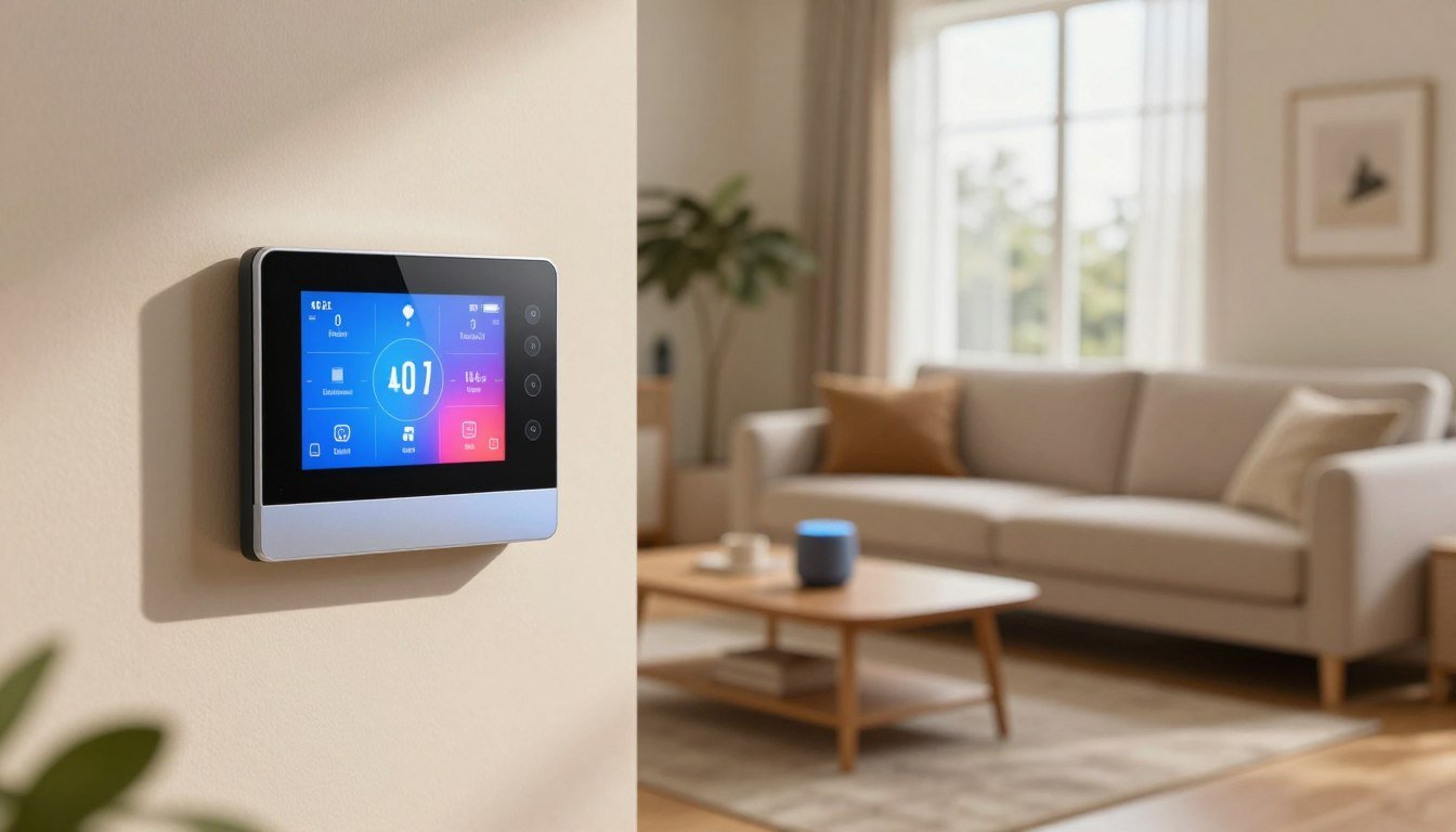 Termostato inteligente en la pared de un salon junto a un altavoz con Alexa