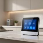 Termostato inteligente con pantalla tactil sobre una encimera en una cocina moderna