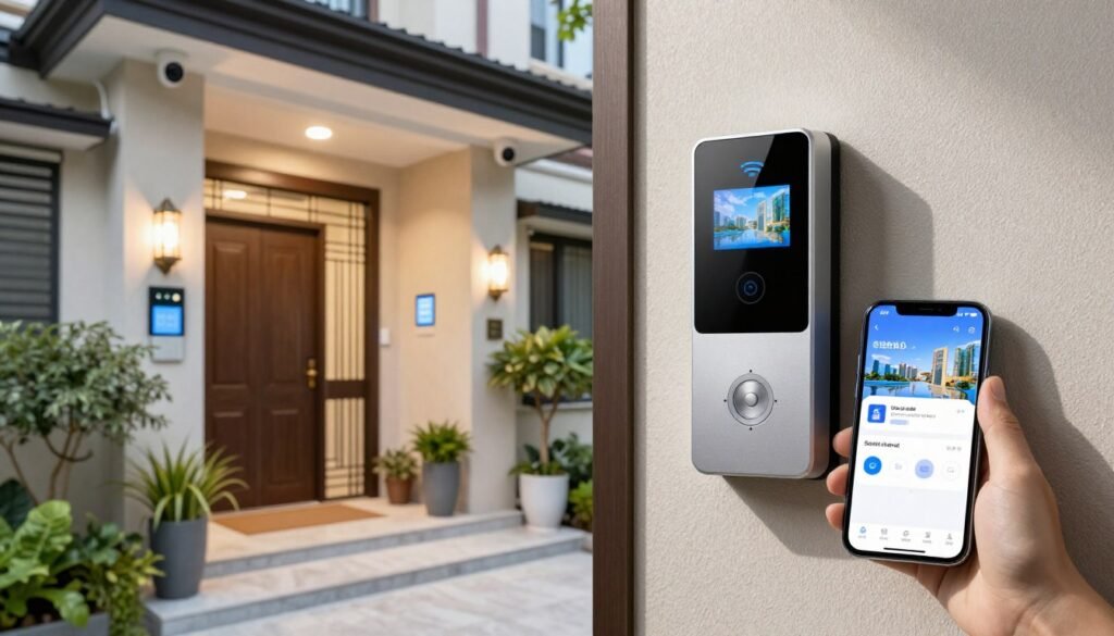 Videoportero WiFi en la entrada de una casa con la llamada reenviada a la app del movil